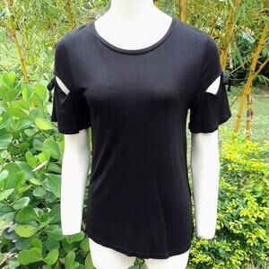 TOPSHOP Tie Sleeves Top Scoop Neck Small Pullover Cutout Jersey Knit Tee Black